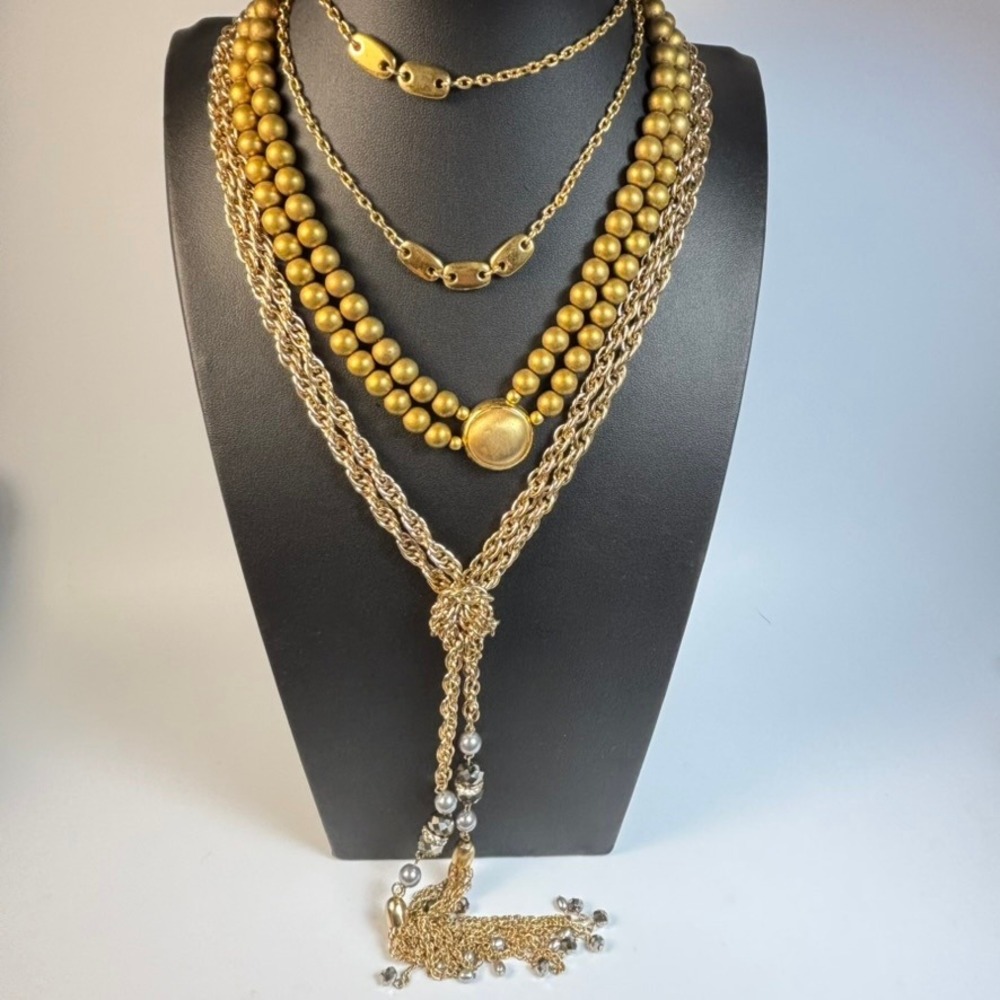 Vintage Tassel Necklace Lot Gold Tone Faux Pearl Layered Statement Boho